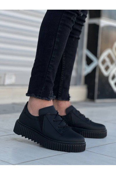 KB-X502  Kuback Siyah Cilt Yüksek Siyah Taban Bağcık Detaylı Lastikli Günlük Erkek Ayakkabı