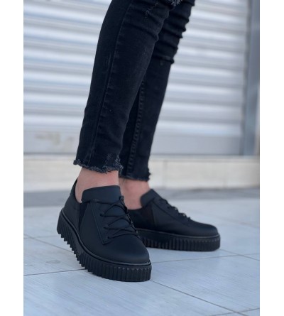 KB-X502  Kuback Siyah Cilt Yüksek Siyah Taban Bağcık Detaylı Lastikli Günlük Erkek Ayakkabı