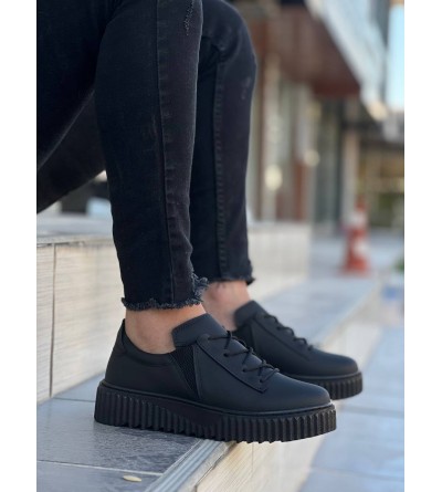 KB-X502  Kuback Siyah Cilt Yüksek Siyah Taban Bağcık Detaylı Lastikli Günlük Erkek Ayakkabı