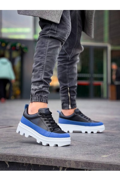 KB-056 Kuback Siyah Mavi Detaylı Beyaz Yüksek Taban Günlük Spor Ayakkabı