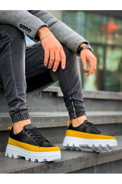 KB-056 Kuback Siyah Sarı Detaylı Beyaz Yüksek Taban Günlük Spor Ayakkabı