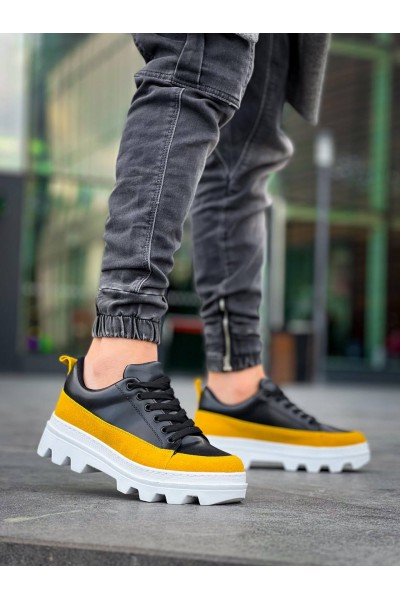 KB-056 Kuback Siyah Sarı Detaylı Beyaz Yüksek Taban Günlük Spor Ayakkabı