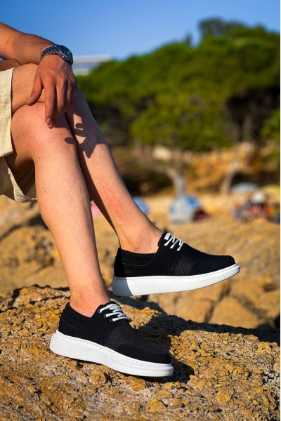 KB-042  Kuback Bağcıklı  Siyah Deri Tozu Beyaz Taban Günlük Erkek Ayakkabı