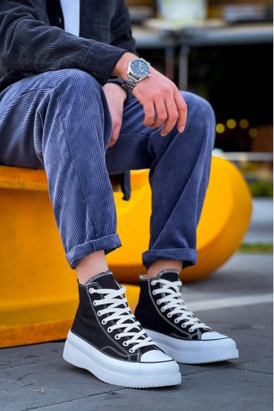 KB-CX-3 Kuback Uzun Siyah Keten Beyaz Yüksek Taban Spor Ayakkabı