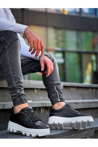 KB-056 Kuback Siyah Cilt Beyaz Yüksek Taban Günlük Spor Ayakkabı