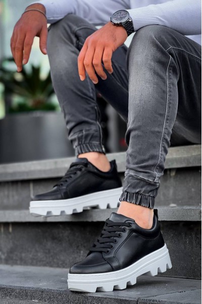 KB-056 Kuback Siyah Cilt Beyaz Yüksek Taban Günlük Spor Ayakkabı