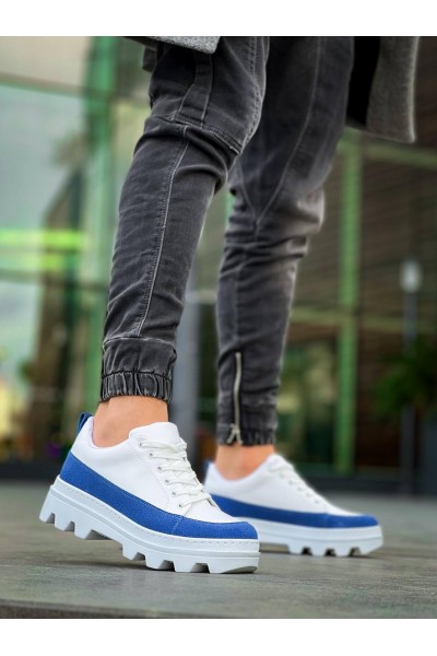 KB-056 Kuback Beyaz Mavi Detaylı Beyaz Yüksek Taban Günlük Spor Ayakkabı