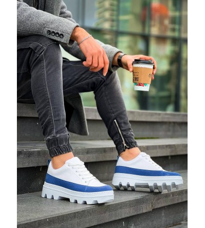 KB-056 Kuback Beyaz Mavi Detaylı Beyaz Yüksek Taban Günlük Spor Ayakkabı