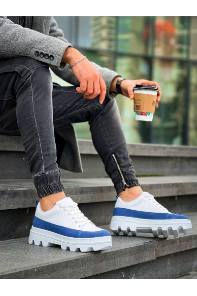 KB-056 Kuback Beyaz Mavi Detaylı Beyaz Yüksek Taban Günlük Spor Ayakkabı