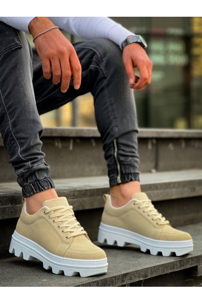 KB-056 Kuback Bej Süet Beyaz Yüksek Taban Günlük Spor Ayakkabı