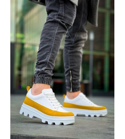 KB-056 Kuback Beyaz Sarı Detaylı Beyaz Yüksek Taban Günlük Spor Ayakkabı