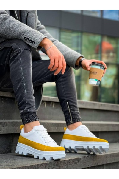 KB-056 Kuback Beyaz Sarı Detaylı Beyaz Yüksek Taban Günlük Spor Ayakkabı