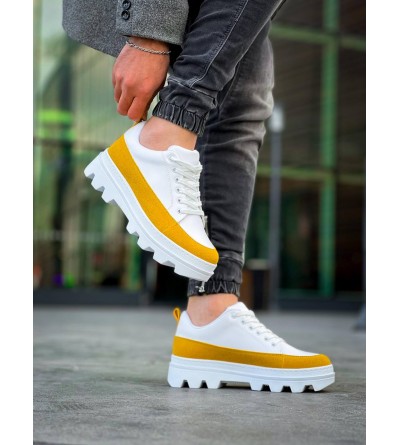KB-056 Kuback Beyaz Sarı Detaylı Beyaz Yüksek Taban Günlük Spor Ayakkabı