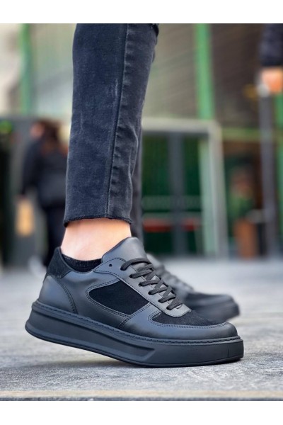 KB-X8 Kuback Siyah Cilt Siyah Süet  Detaylı Siyah Yüksek Taban Günlük Spor Ayakkabı