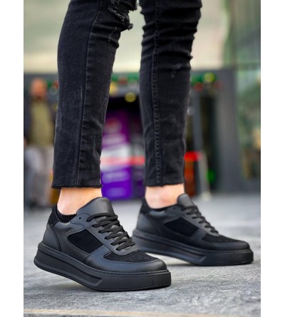 KB-X8 Kuback Siyah Cilt Siyah Süet  Detaylı Siyah Yüksek Taban Günlük Spor Ayakkabı