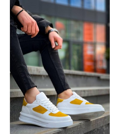 KB-X8 Kuback Beyaz Cilt Sarı Süet Detaylı Beyaz Yüksek Taban Günlük Spor Ayakkabı