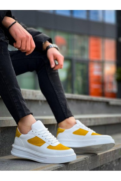 KB-X8 Kuback Beyaz Cilt Sarı Süet Detaylı Beyaz Yüksek Taban Günlük Spor Ayakkabı