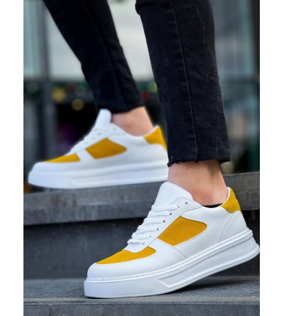 KB-X8 Kuback Beyaz Cilt Sarı Süet Detaylı Beyaz Yüksek Taban Günlük Spor Ayakkabı