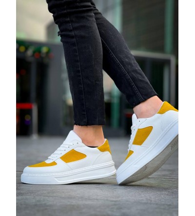 KB-X8 Kuback Beyaz Cilt Sarı Süet Detaylı Beyaz Yüksek Taban Günlük Spor Ayakkabı