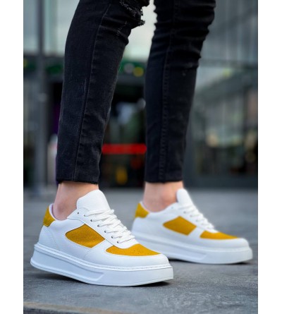 KB-X8 Kuback Beyaz Cilt Sarı Süet Detaylı Beyaz Yüksek Taban Günlük Spor Ayakkabı