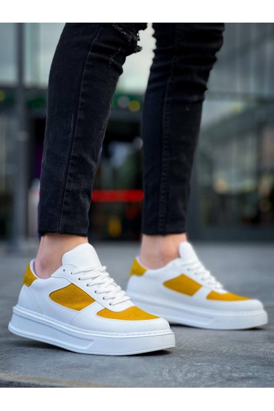 KB-X8 Kuback Beyaz Cilt Sarı Süet Detaylı Beyaz Yüksek Taban Günlük Spor Ayakkabı
