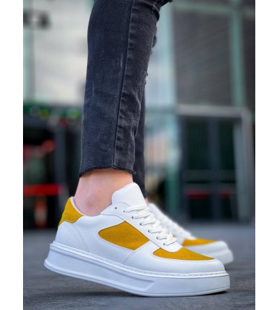 KB-X8 Kuback Beyaz Cilt Sarı Süet Detaylı Beyaz Yüksek Taban Günlük Spor Ayakkabı