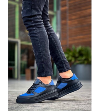 KB-X8 Kuback Siyah Cilt Mavi Süet Detaylı Siyah Yüksek Taban Günlük Spor Ayakkabı