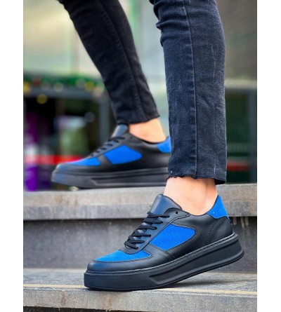 KB-X8 Kuback Siyah Cilt Mavi Süet Detaylı Siyah Yüksek Taban Günlük Spor Ayakkabı