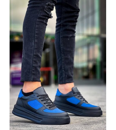 KB-X8 Kuback Siyah Cilt Mavi Süet Detaylı Siyah Yüksek Taban Günlük Spor Ayakkabı