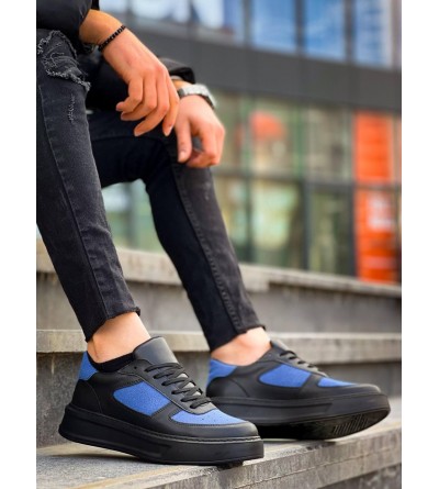 KB-X8 Kuback Siyah Cilt Mavi Süet Detaylı Siyah Yüksek Taban Günlük Spor Ayakkabı