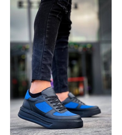 KB-X8 Kuback Siyah Cilt Mavi Süet Detaylı Siyah Yüksek Taban Günlük Spor Ayakkabı