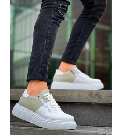 KB-X155 Kuback Beyaz Cilt Gri Süet Detaylı Beyaz Yüksek Taban Günlük Spor Ayakkabı