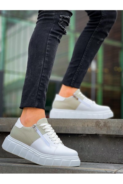 KB-X155 Kuback Beyaz Cilt Gri Süet Detaylı Beyaz Yüksek Taban Günlük Spor Ayakkabı