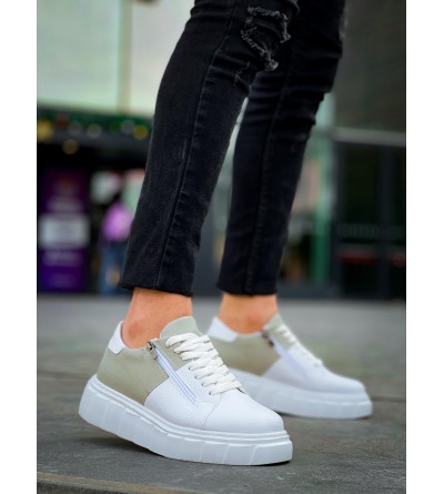 KB-X155 Kuback Beyaz Cilt Gri Süet Detaylı Beyaz Yüksek Taban Günlük Spor Ayakkabı