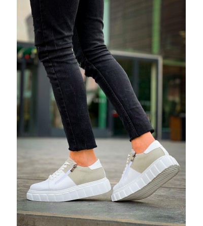 KB-X155 Kuback Beyaz Cilt Gri Süet Detaylı Beyaz Yüksek Taban Günlük Spor Ayakkabı