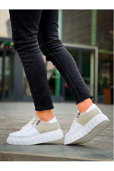 KB-X155 Kuback Beyaz Cilt Gri Süet Detaylı Beyaz Yüksek Taban Günlük Spor Ayakkabı