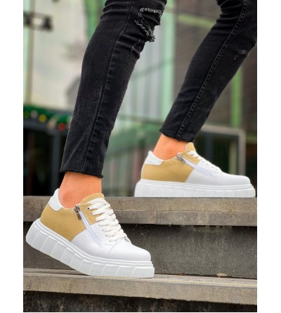 KB-X155 Kuback Beyaz Cilt Bej Süet Detaylı Beyaz Yüksek Taban Günlük Spor Ayakkabı