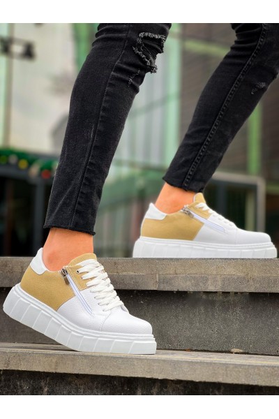 KB-X155 Kuback Beyaz Cilt Bej Süet Detaylı Beyaz Yüksek Taban Günlük Spor Ayakkabı