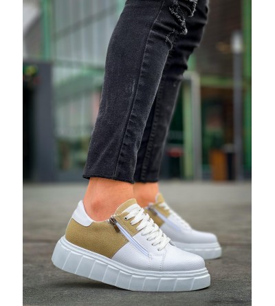 KB-X155 Kuback Beyaz Cilt Bej Süet Detaylı Beyaz Yüksek Taban Günlük Spor Ayakkabı
