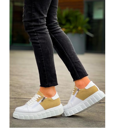 KB-X155 Kuback Beyaz Cilt Bej Süet Detaylı Beyaz Yüksek Taban Günlük Spor Ayakkabı