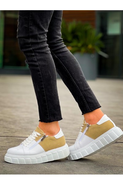 KB-X155 Kuback Beyaz Cilt Bej Süet Detaylı Beyaz Yüksek Taban Günlük Spor Ayakkabı
