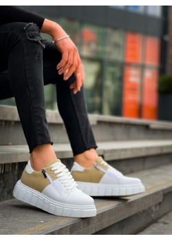 KB-X155 Kuback Beyaz Cilt Bej Süet Detaylı Beyaz Yüksek Taban Günlük Spor Ayakkabı