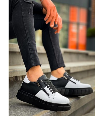 KB-X155 Kuback Beyaz Cilt Siyah Cilt Detaylı Siyah Yüksek Taban Günlük Spor Ayakkabı