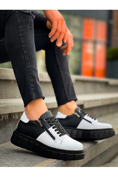 KB-X155 Kuback Beyaz Cilt Siyah Cilt Detaylı Siyah Yüksek Taban Günlük Spor Ayakkabı