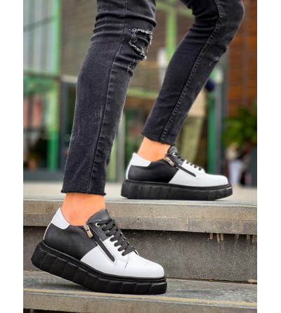 KB-X155 Kuback Beyaz Cilt Siyah Cilt Detaylı Siyah Yüksek Taban Günlük Spor Ayakkabı