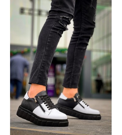 KB-X155 Kuback Beyaz Cilt Siyah Cilt Detaylı Siyah Yüksek Taban Günlük Spor Ayakkabı