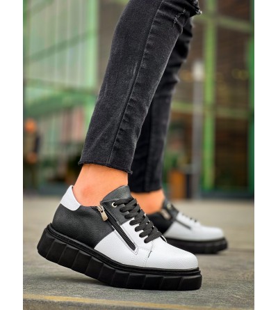 KB-X155 Kuback Beyaz Cilt Siyah Cilt Detaylı Siyah Yüksek Taban Günlük Spor Ayakkabı