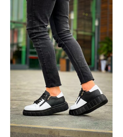 KB-X155 Kuback Beyaz Cilt Siyah Cilt Detaylı Siyah Yüksek Taban Günlük Spor Ayakkabı