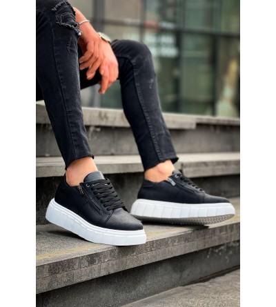 KB-X155 Kuback Siyah Cilt Detaylı Beyaz Yüksek Taban Günlük Spor Ayakkabı