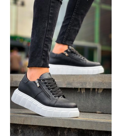 KB-X155 Kuback Siyah Cilt Detaylı Beyaz Yüksek Taban Günlük Spor Ayakkabı